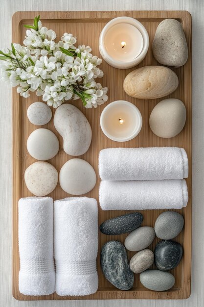 Photo spa relaxation setup a peaceful spa scene featuring neatly folded white towels soothing