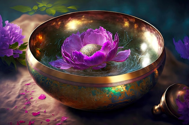 Spa ritual for relaxation sounds of golden tibetan singing bowl