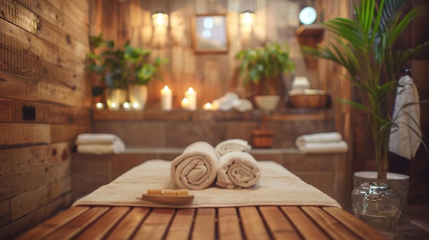 Spa Room With Rolled Towels Candles And Plants On Wooden Bench Massage therapy in a sauna