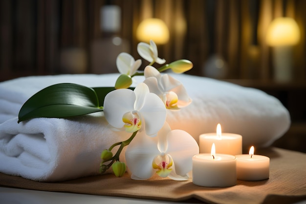 A spa room with a white towel and a candle with Frangipani on it