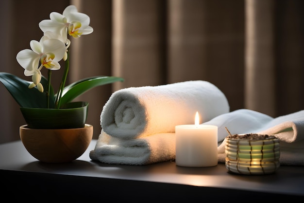 A spa room with a white towel and a candle with Frangipani on it