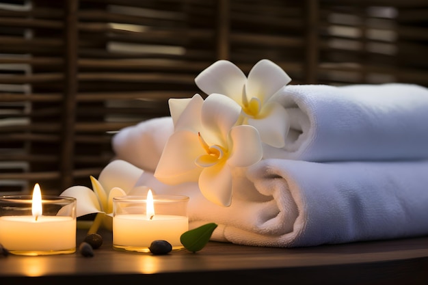 A spa room with a white towel and a candle with Frangipani on it