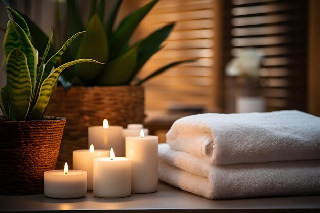 A spa room with a white towel and a candle with Frangipani on it