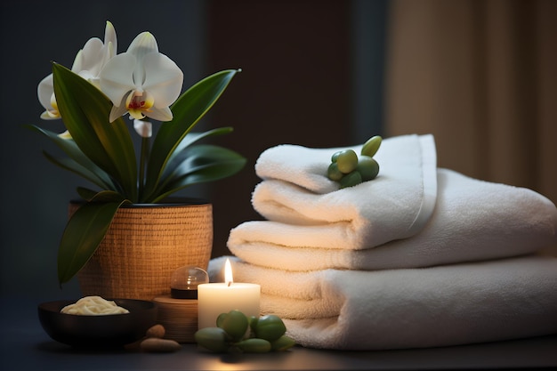 A spa room with a white towel and a candle with Frangipani on it