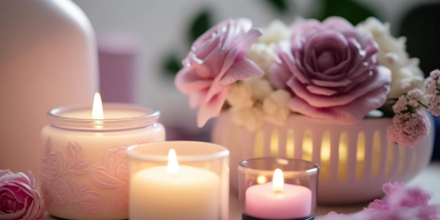 spa salon in pink soft lighting Candles,roses ,flowers, aromatherapy,relaxation meditation