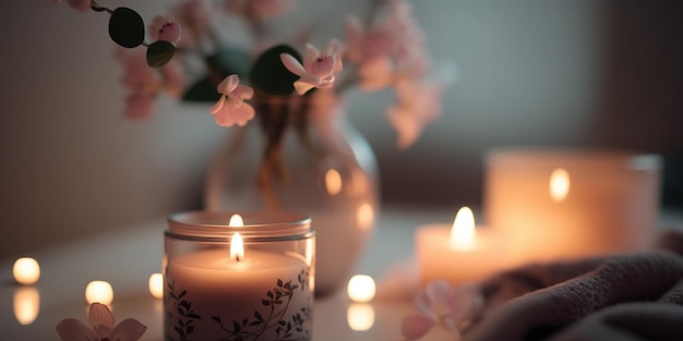 spa salon in pink soft lighting Candles,roses ,flowers, aromatherapy,relaxation meditation