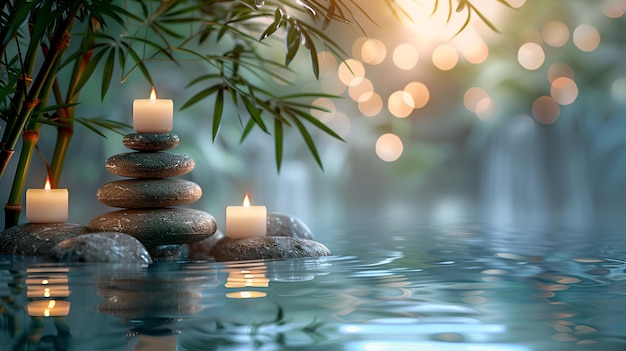 Photo spa scene smooth stones glowing candles bamboo leaves and water ripples for wellness