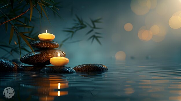 Photo spa scene smooth stones glowing candles bamboo leaves and water ripples for wellness