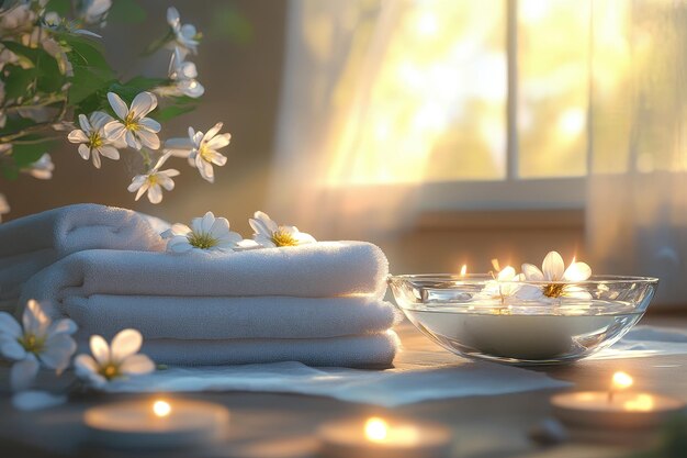 A spa scene with neatly folded white towels a bowl of floating candles and flowers