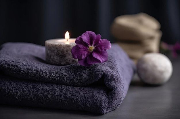 Spa Set With Towel Stone Candle And Flowers Purple Generative AI