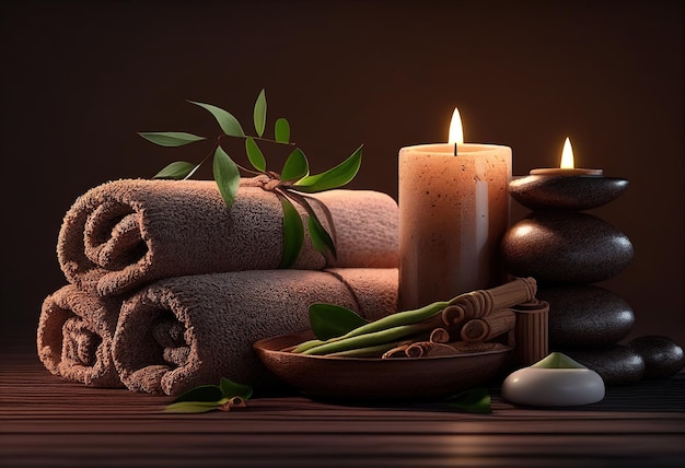 A spa set with towels and candles on a table with a candle.