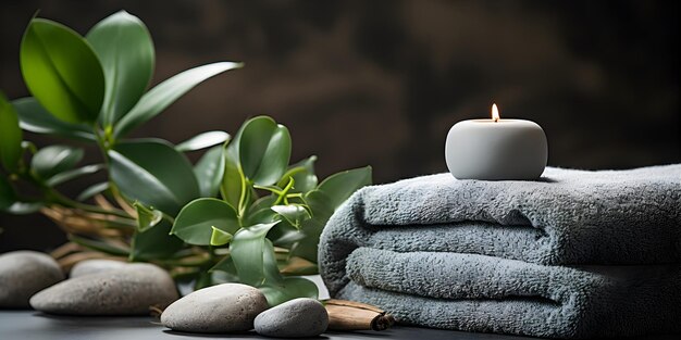 Spa setting accessories with gray towel zen smooth river stones aroma candles and green plants banner on dark background Wellness composition concept with copy space