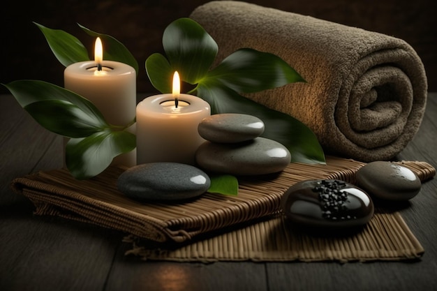 A spa setting with candles and a towel with green leaves