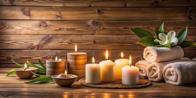 Spa setting with candles towels and flowers