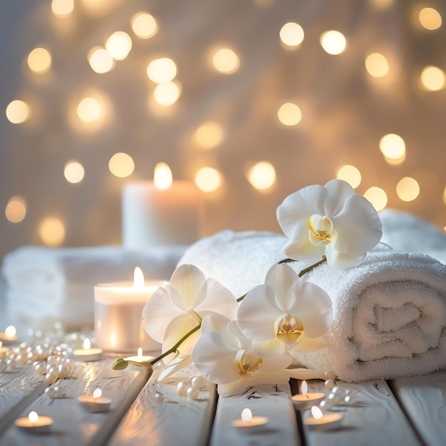 SPA setting with flowers orchid candle or towel on wooden table in massage room Modern SPA salon