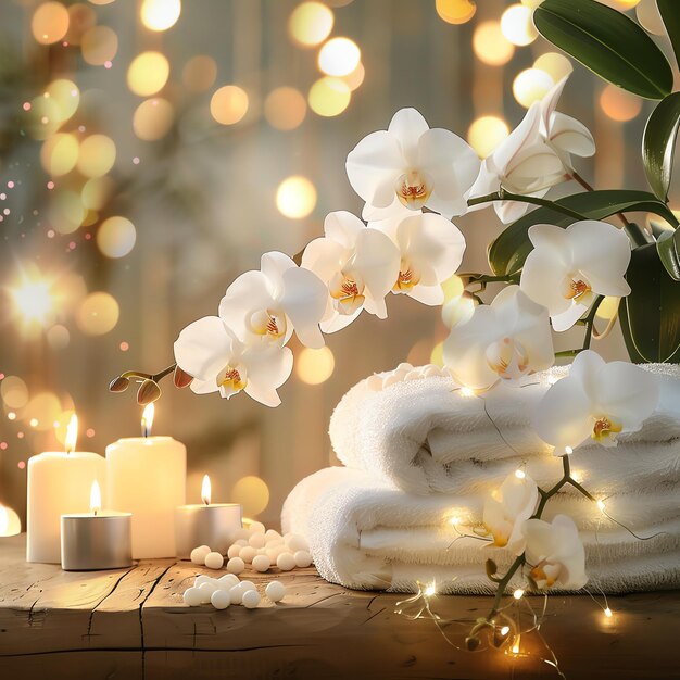 SPA setting with flowers orchid candle or towel on wooden table in massage room Modern SPA salon