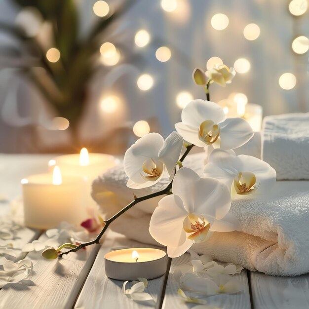 SPA setting with flowers orchid candle or towel on wooden table in massage room Modern SPA salon