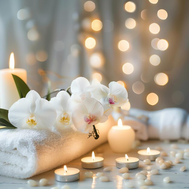 SPA setting with flowers orchid candle or towel on wooden table in massage room Modern SPA salon