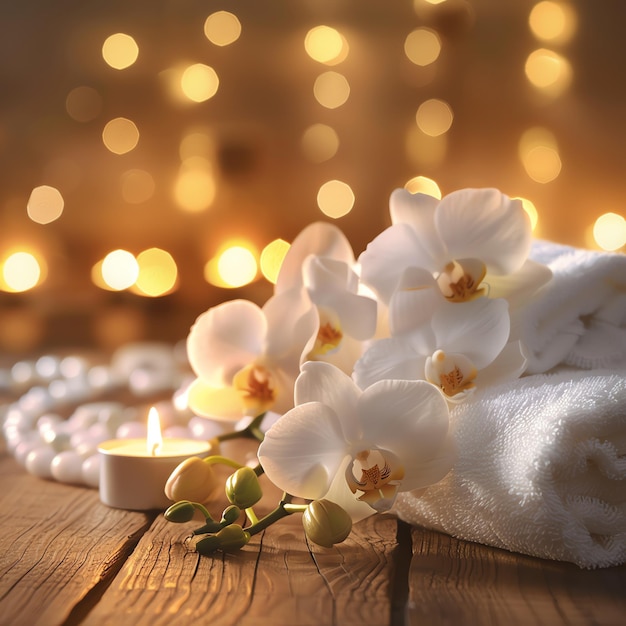 Photo spa setting with flowers orchid candle or towel on wooden table in massage room modern spa salon