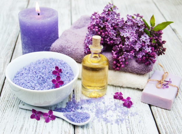 Spa setting with lilac flowers