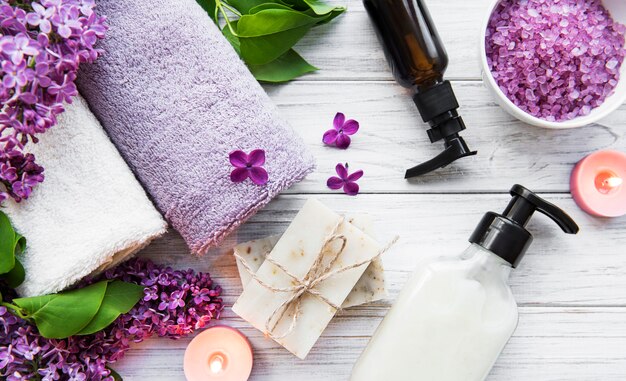 Spa setting with lilac flowers