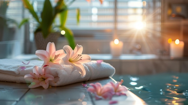 Photo spa setting with pink lilies and candles