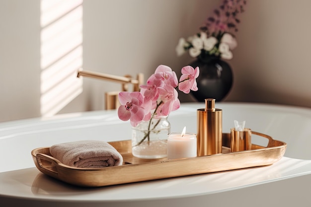 Spa setting with a white bathtub towel tray skin care products and pink flowers