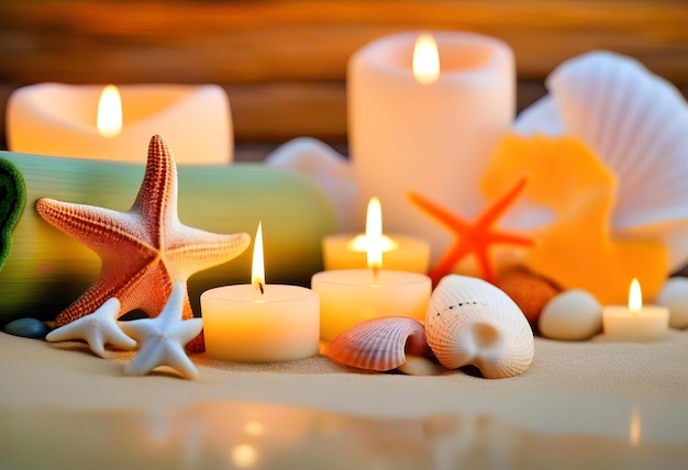 A spa setup on the beach with candles a starfish and a wooden background