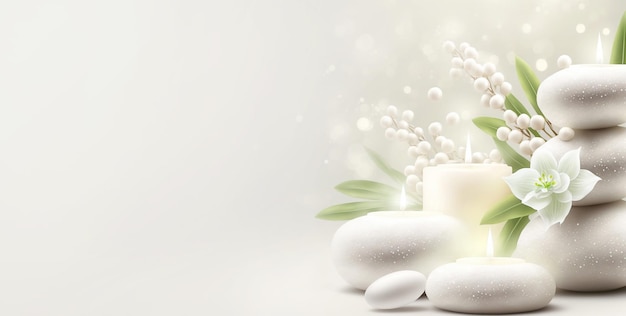 Spa still life composition banner burning candle white massage stones and white flower on light gray background Copy space