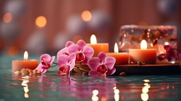 Spa still life in the distance Candles and an orchid blossom in the backdrop with water GENERATE AI