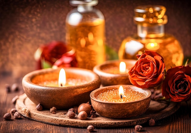 Spa still life with aromatic candles and flowers on a wooden background