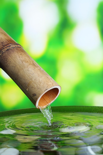 Spa still life with bamboo fountain on bright background