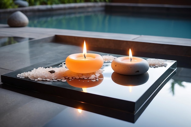 Spa still life with burning candleszen stone and salt reflected in a serenity pool