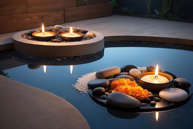 Spa still life with burning candleszen stone and salt reflected in a serenity pool