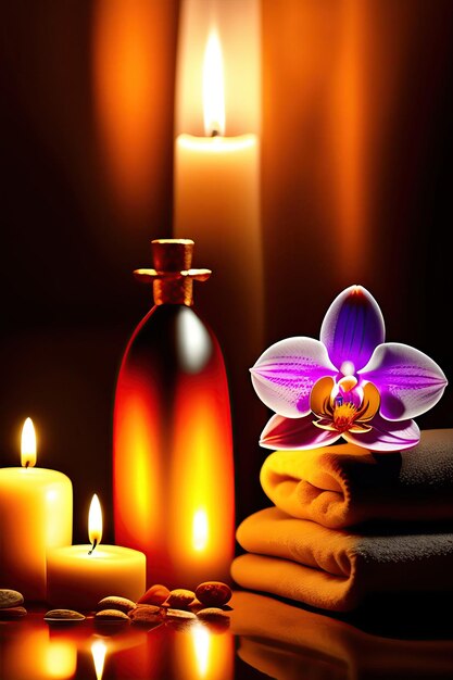 Spa still life with candles and orchid Hot stone massage setting lit by candles