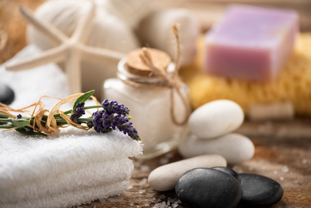 Spa still life with lavender salt and towels