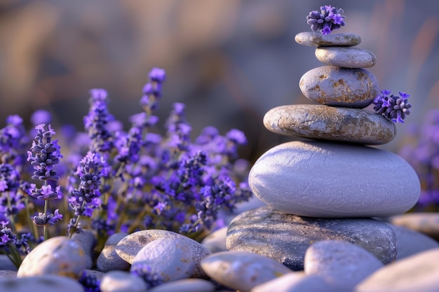 Spa still life with stack of stones and lavenders