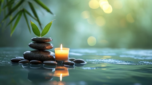 Spa still life with stacked of stoneburning candle and bamboo leaf