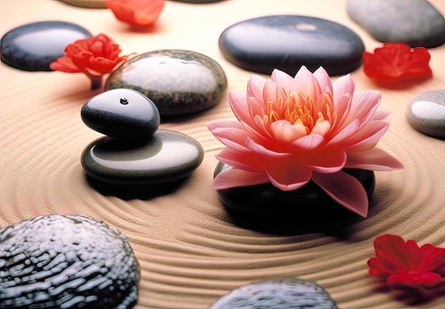 Spa stones and lotus flower on zen stones background