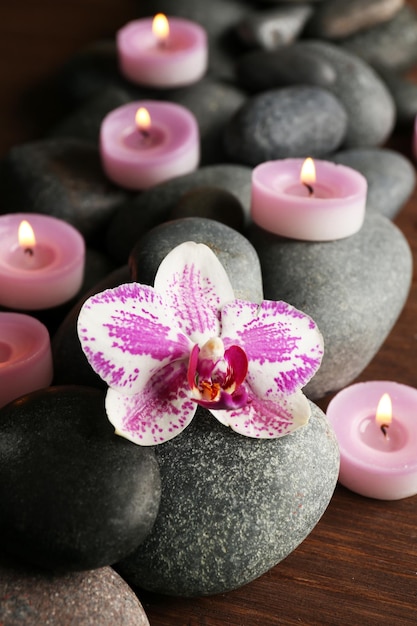 Spa stones and orchids closeup