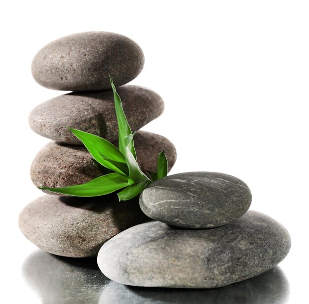 Spa stones with green leaves isolated on white