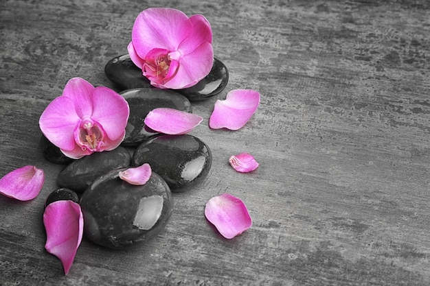 Spa stones with orchid flowers on grey background