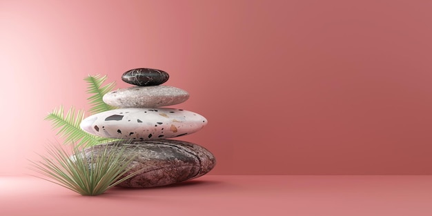 Spa Stones with Palm Leaf on Pink Studio Background