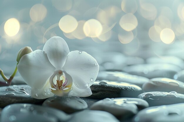 Spa Style White Orchid on Smooth Pebbles