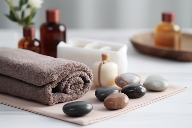 Photo a spa table with a towel and a bottle of soap on it