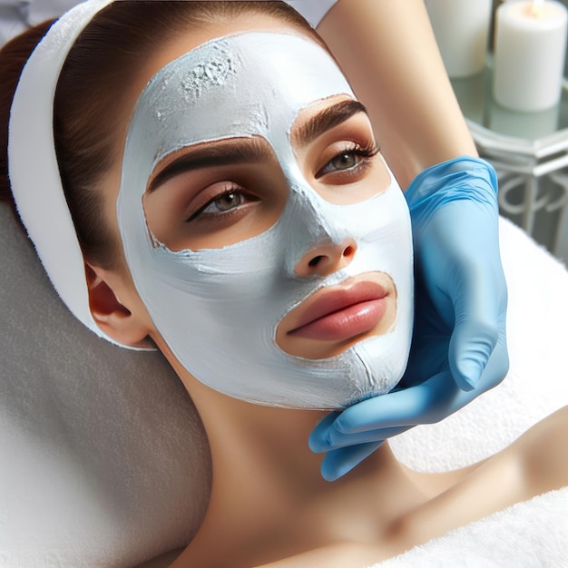 Spa therapy for woman receiving cosmetic mask