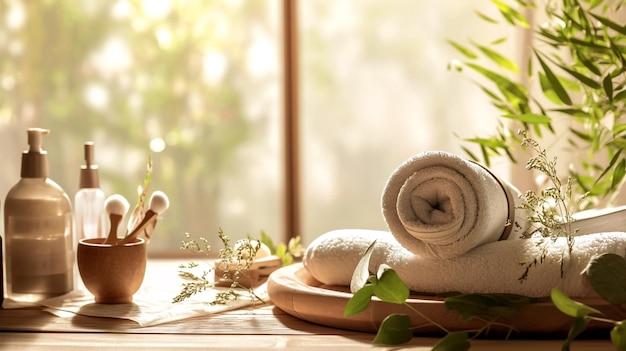 Spa towels and essentials near window