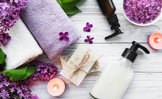 Spa towels and soap with lilac flowers