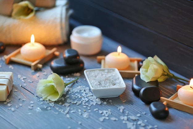 Spa treatments on blue wooden table