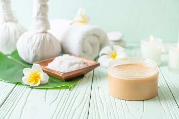 Spa treatments set on wooden table